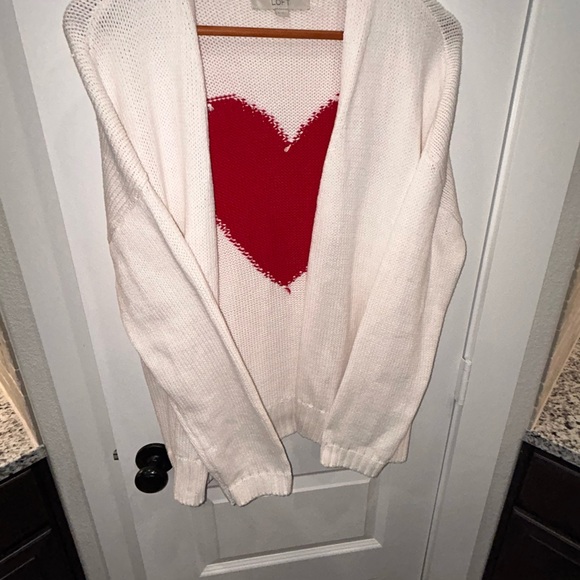 LOFT White and Red Heart Cardigan Sweater - Picture 7 of 7